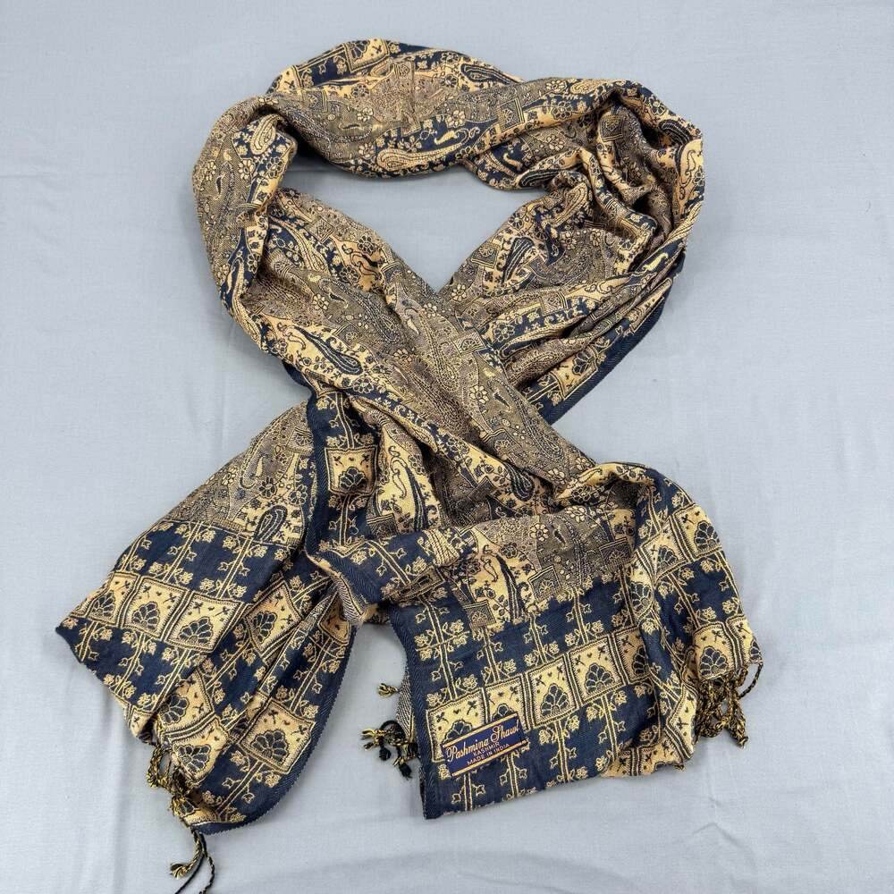 Pashmina Shawl Kashmir Blue Gold Paisley Scarf